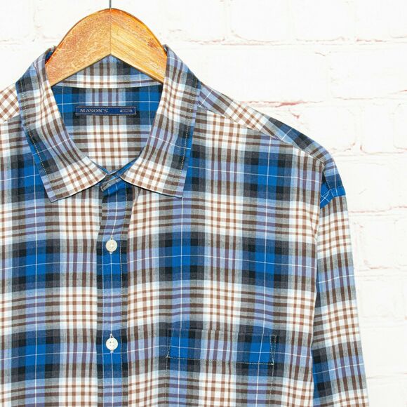 MASON'S Flannel Shirt Blue Brown Plaid Cotton Size XL - Picture 2 of 7
